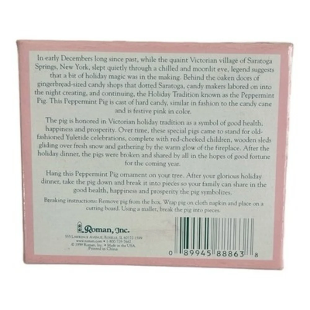 Rare Vintage 1999 Peppermint Pig Hard Candy Ornament Victorian Roman Inc. NIB